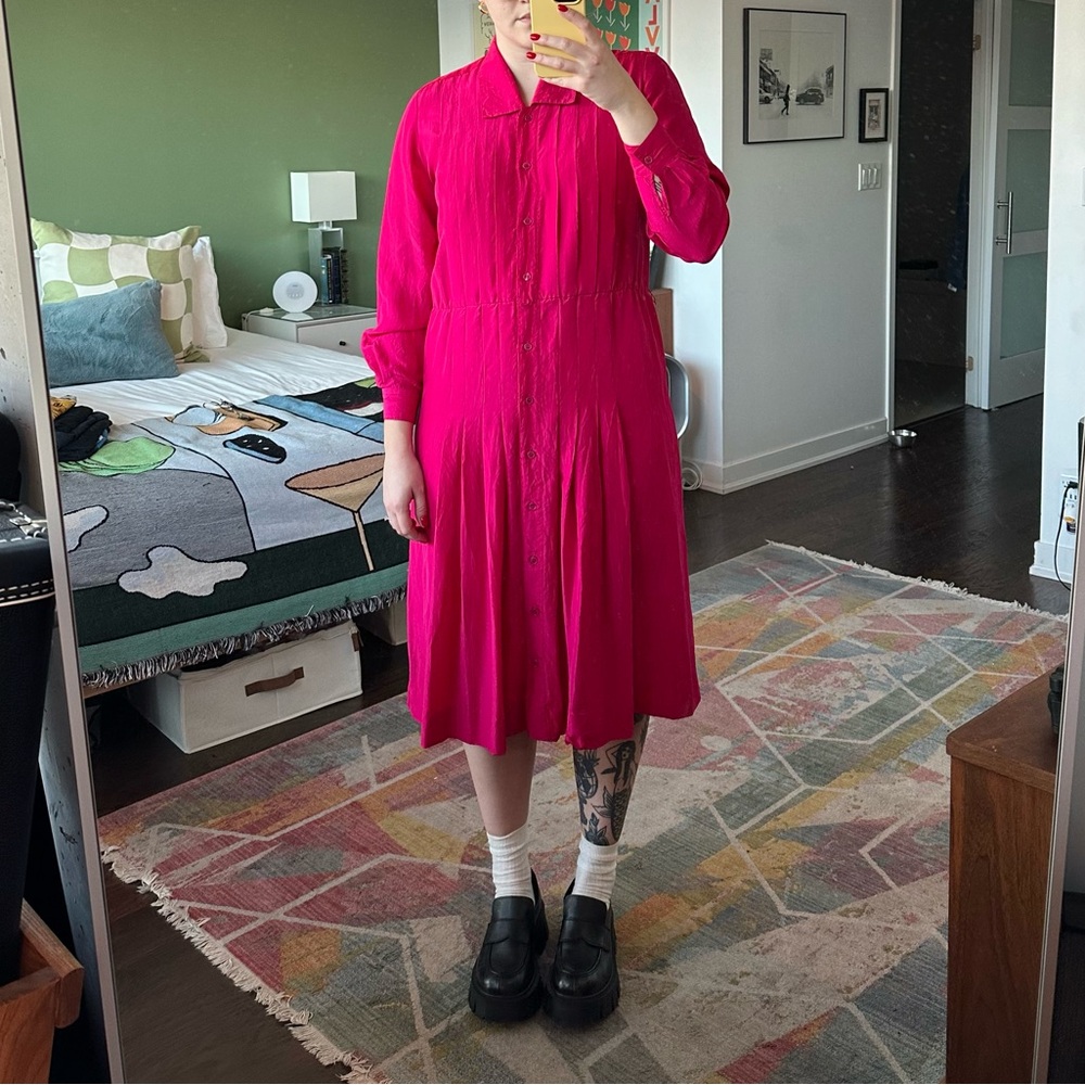 Bright Pink Midi Shirt Dress - Women's Button-Front Dress